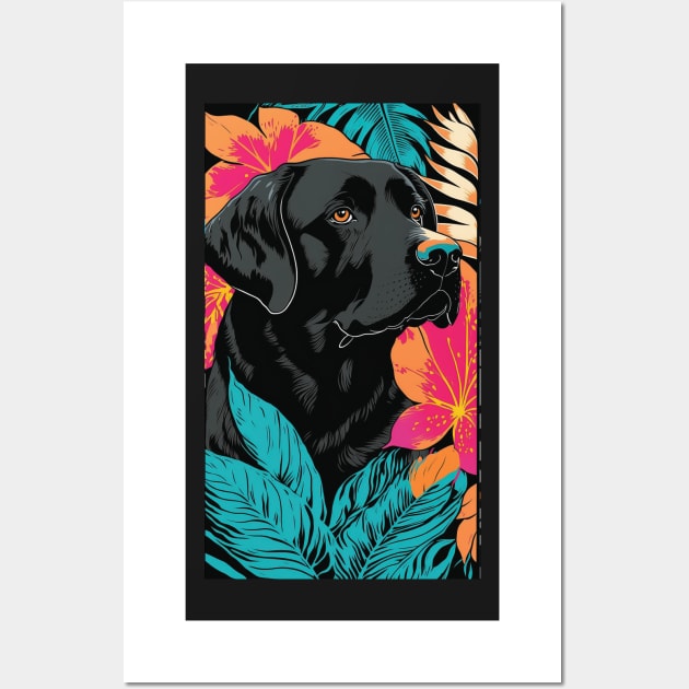 Black Labrador Retriever Dog Vibrant Tropical Flower Tall Retro Vintage Digital Pop Art Portrait 2 Wall Art by ArtHouseFlunky